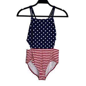 Okanu American Flag One Piece Swimsuit Stars & Stripes Cutout Design Girls Sz 16